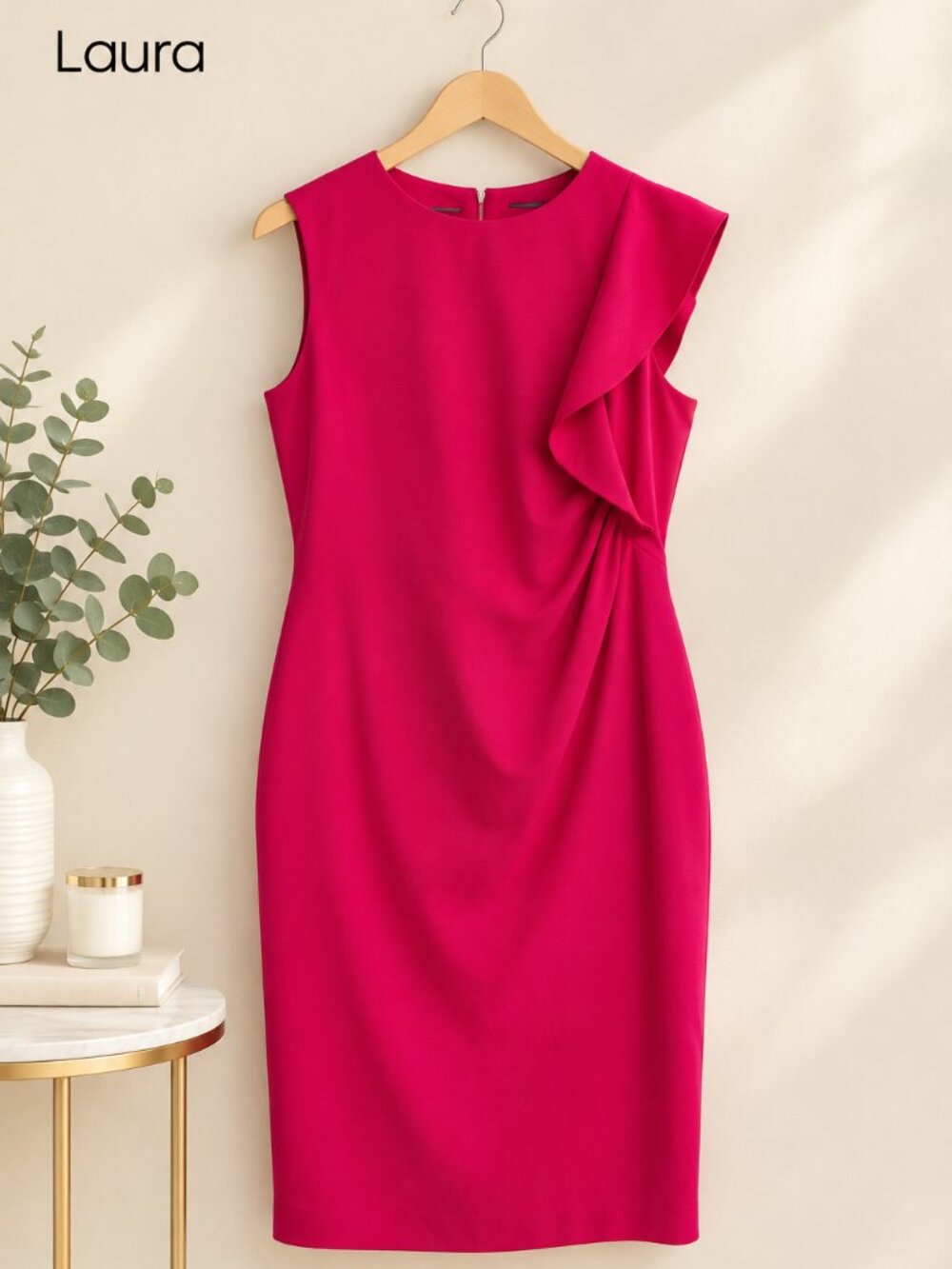 Laura Fuchsia Pink Ruffle Sheath Dress – Size 16